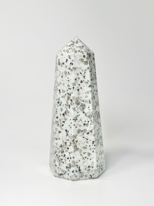 Eight Facet Indian Dalmatian Jasper Tower – 890g - Playful Elegance & Balanced Design