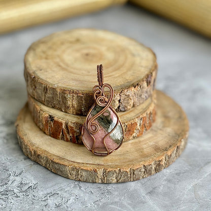 Rhodonite Copper Wire Wrapper Pendant | Attract Love in general & Promotes inner Peace