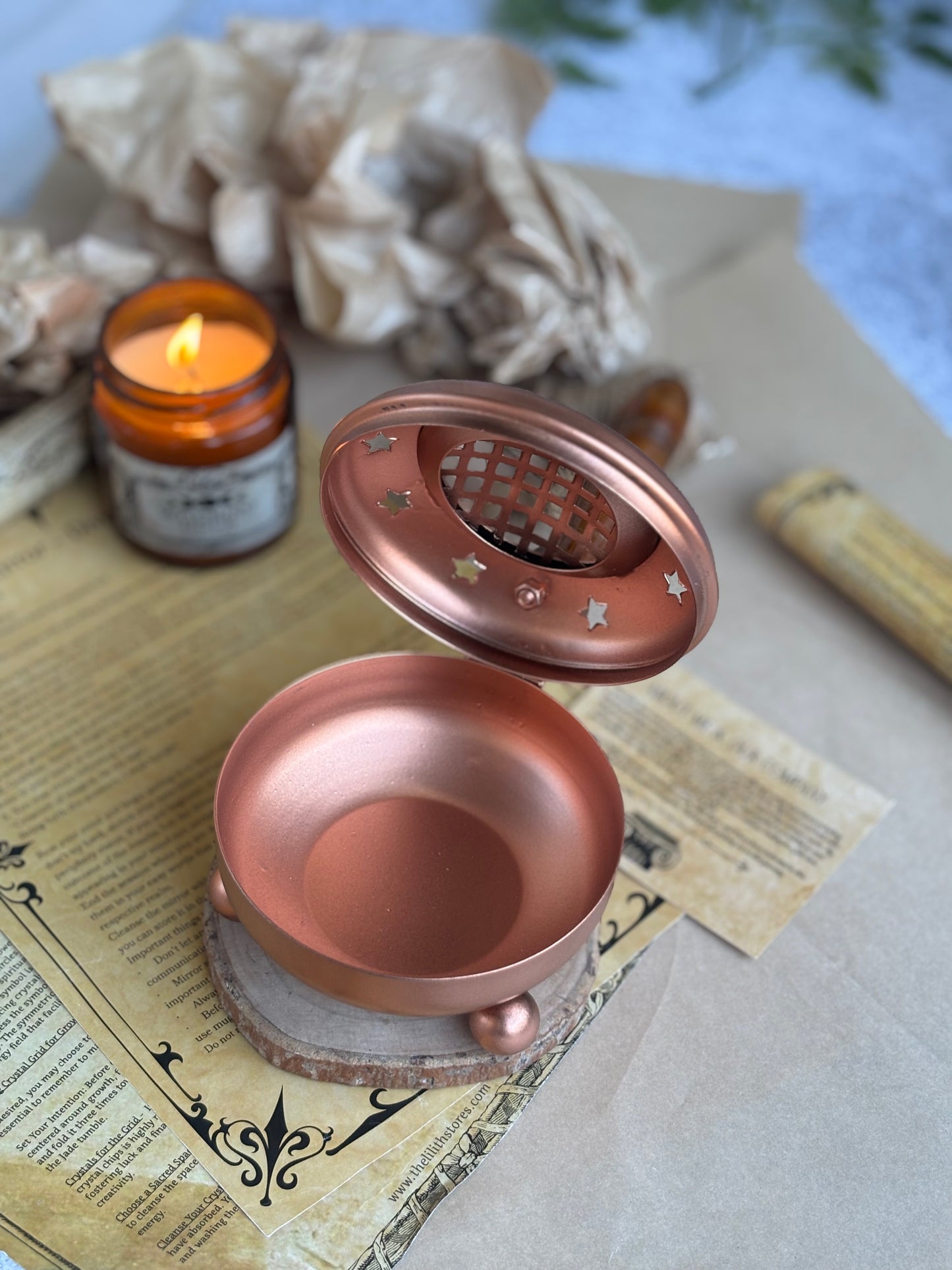 Star Crafted Iron Incense Burner with Rose Gold finish & Wooden Handle