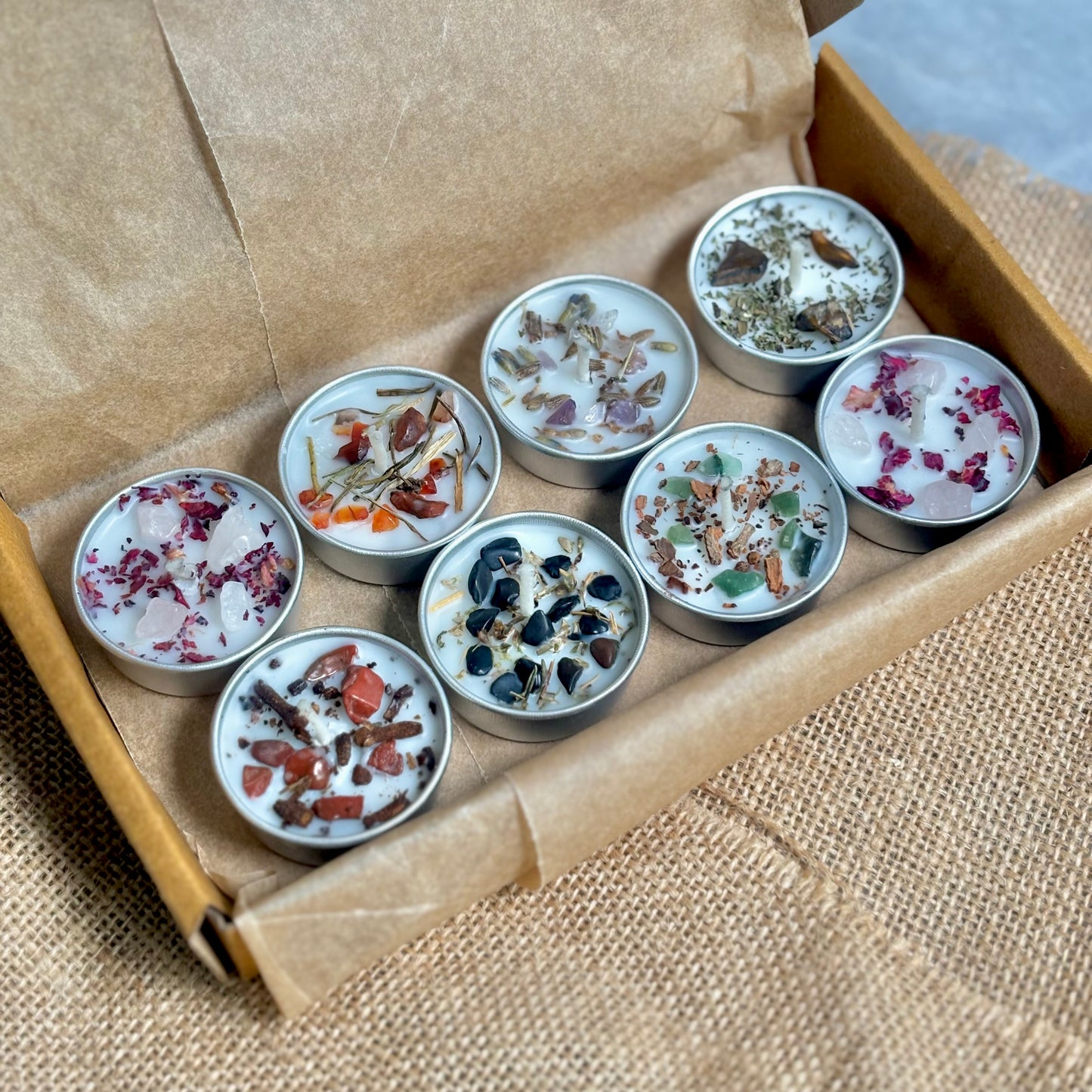 Crystal & Herb Tealight Candle Set – Set of 8