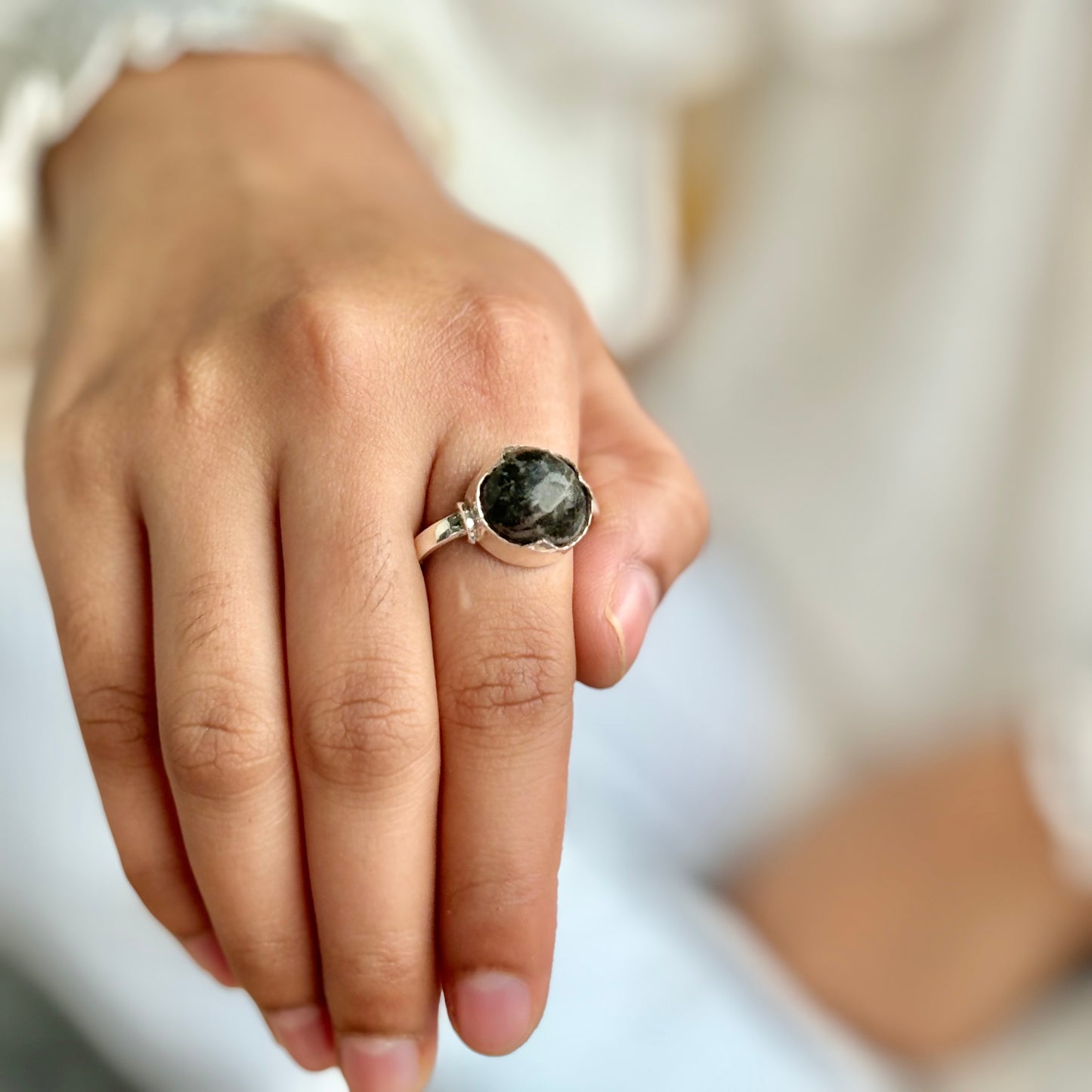 Nuummite Tumble Fine Silver Ring | Sorcerer's Stone | Hidden Potentials & Connecting with inner Magick