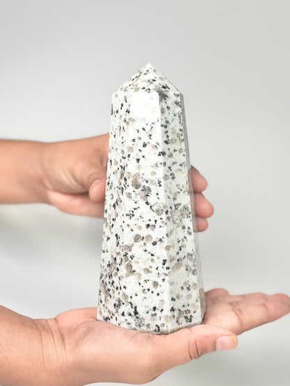 Eight Facet Indian Dalmatian Jasper Tower – 890g - Playful Elegance & Balanced Design
