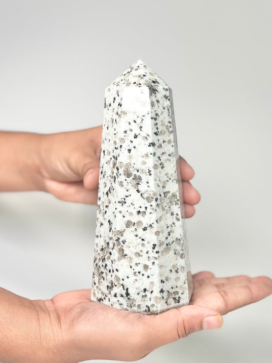 Eight Facet Indian Dalmatian Jasper Tower – 890g - Playful Elegance & Balanced Design