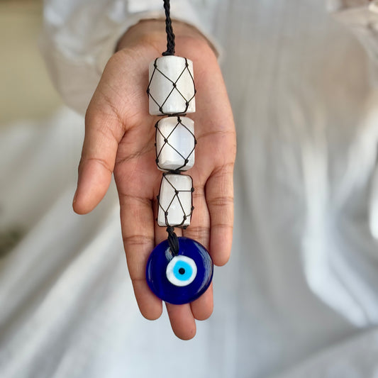 Selenite with Evil Eye Door Hanging | Hanger | Dangler - (Satin Spar Selenite) | Stone for Spiritual work & Cleansing