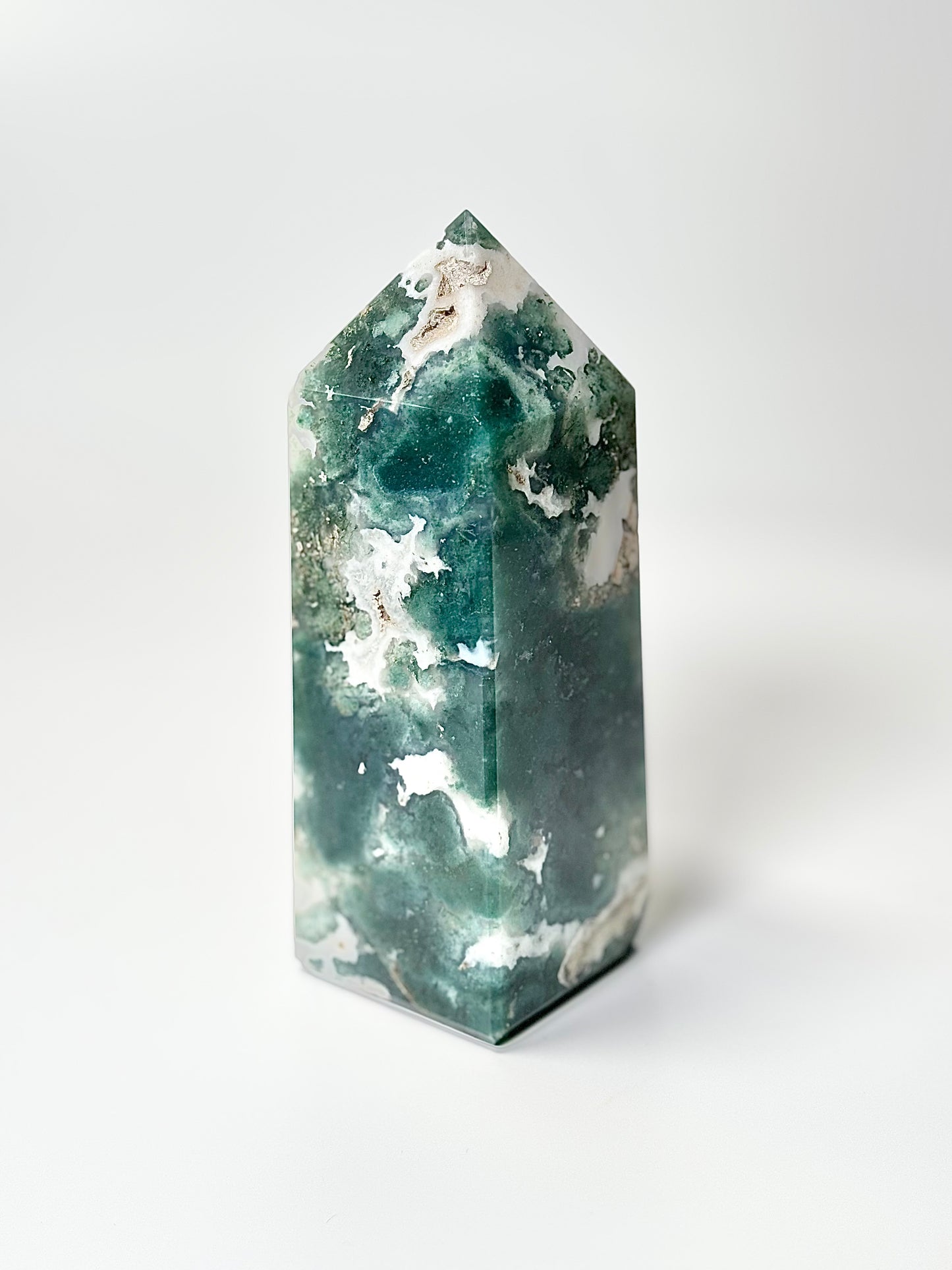 Four Facet Moss Agate Tower – 550g - Nature-Inspired Calm & Grounded Beauty