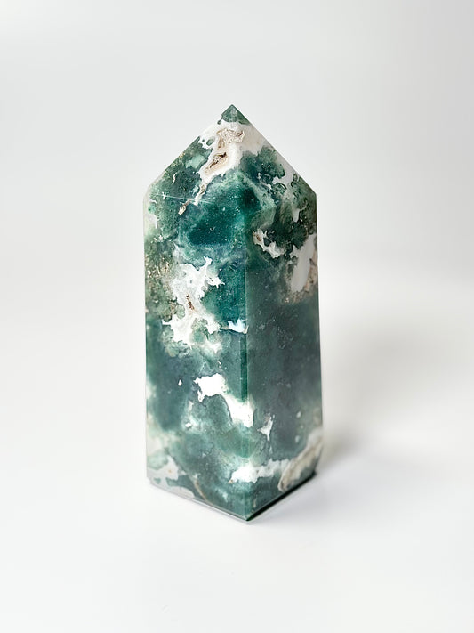Four Facet Moss Agate Tower – 550g - Nature-Inspired Calm & Grounded Beauty