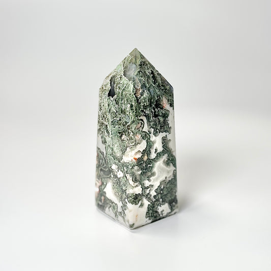 Four Facet Moss Agate Tower – 390g - Nature-Inspired Calm & Grounded Beauty