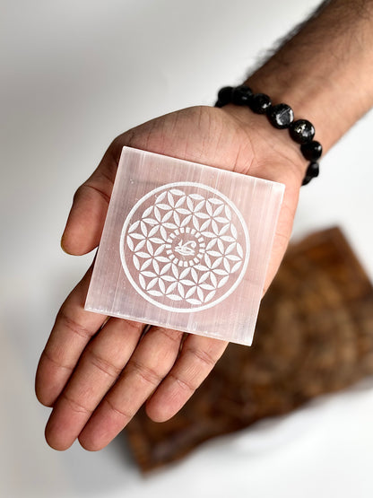 Flower of Life & Eye of Horus Selenite Square Plate