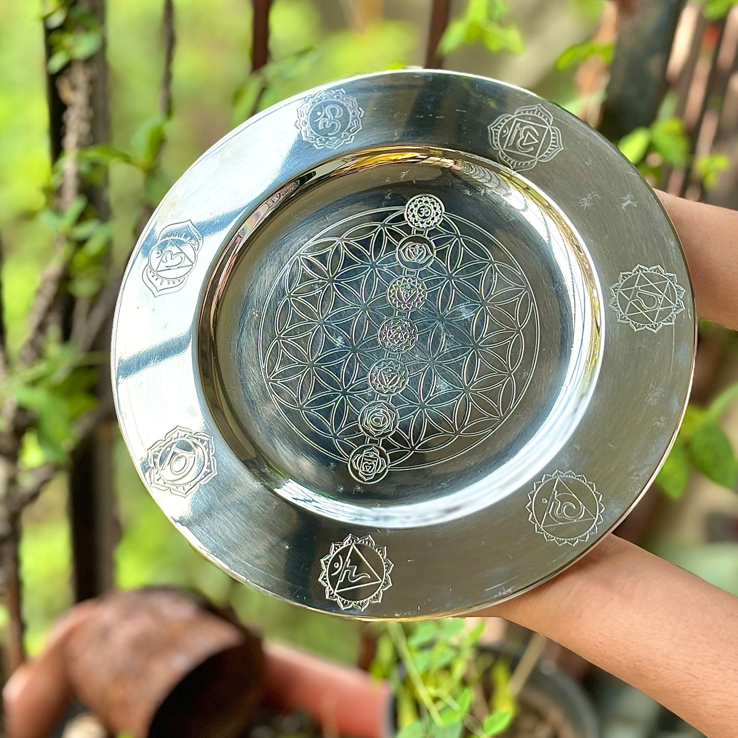 Chakra & Flower Carved Plate - Stainless Steel