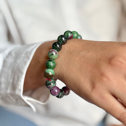 Superior Quality Ruby in Zoisite Bead Bracelet ( Adequate Ruby inclusion ) - 12mm | Helps in Overcoming challenges & Enhances Intuition