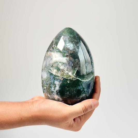Druzy Moss Agate Egg Carving - 1.1 Kg | Promotes wealth and business growth