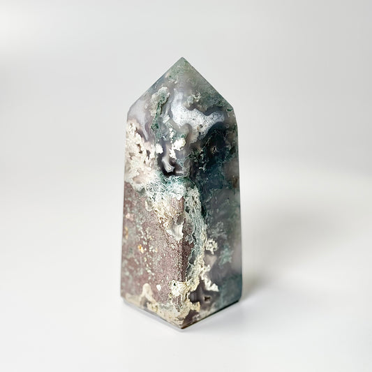 Four Facet Moss Agate Tower – 589g - Nature-Inspired Calm & Grounded Beauty