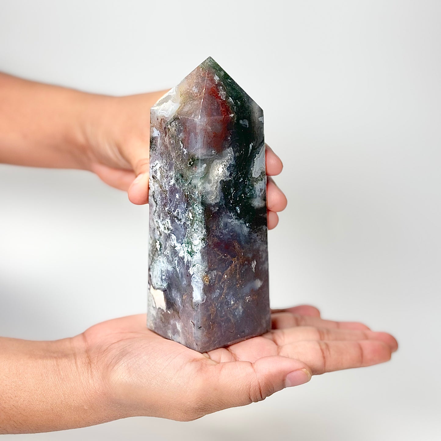 Four Facet Moss Agate Tower – 530g - Nature-Inspired Calm & Grounded Beauty