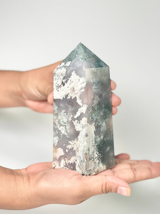 Four Facet Moss Agate Tower – 603g - Nature-Inspired Calm & Grounded Beauty