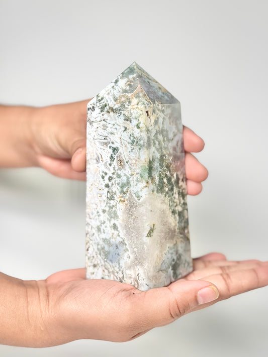 Four Facet Moss Agate Tower – 605g - Nature-Inspired Calm & Grounded Beauty