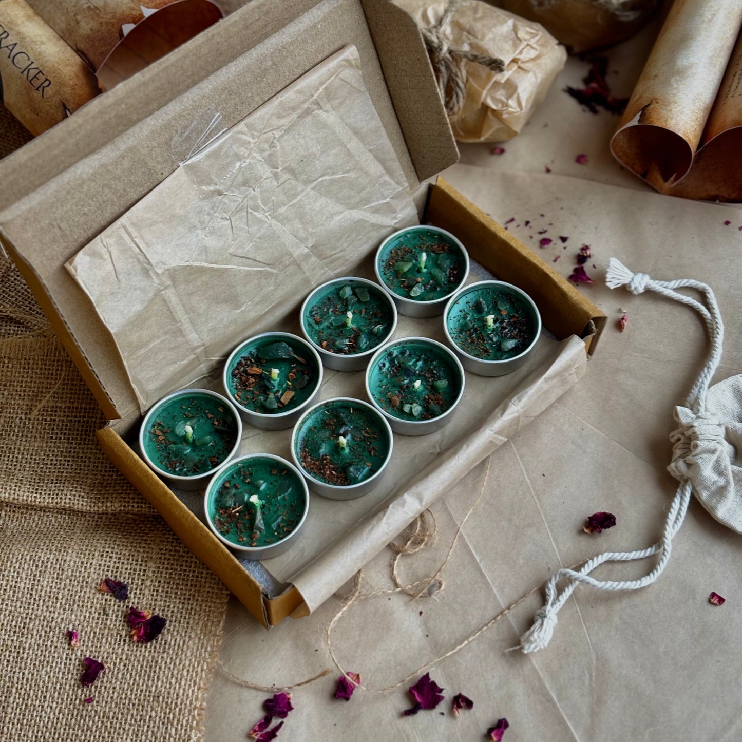 Green Soy Wax Tealight Candle with Cinnamon & Green Aventurine