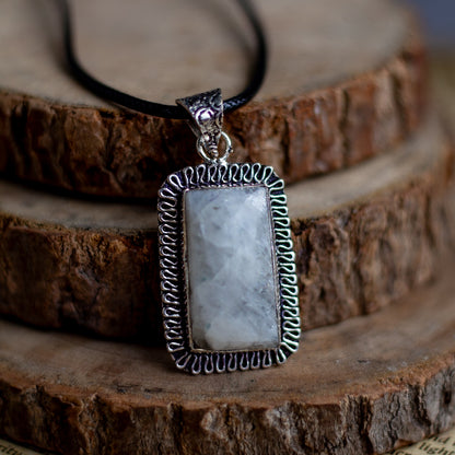 Rainbow moonstone Pendant with Black Cord | Cultivates Compassion & empathy