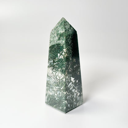 Four Facet Moss Agate Tower – 390g - Nature-Inspired Calm & Grounded Beauty