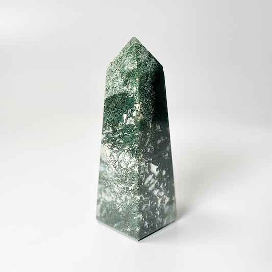 Four Facet Moss Agate Tower – 390g - Nature-Inspired Calm & Grounded Beauty