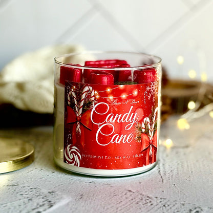 Candy Cane 3 wick Soy Candle with Golden Lid