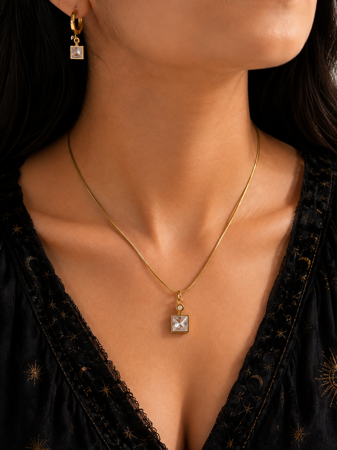 Crystal Square Pendant Necklace &amp; Hoop Earrings Set | Gold-Plated Stainless Steel | The Lilith Store