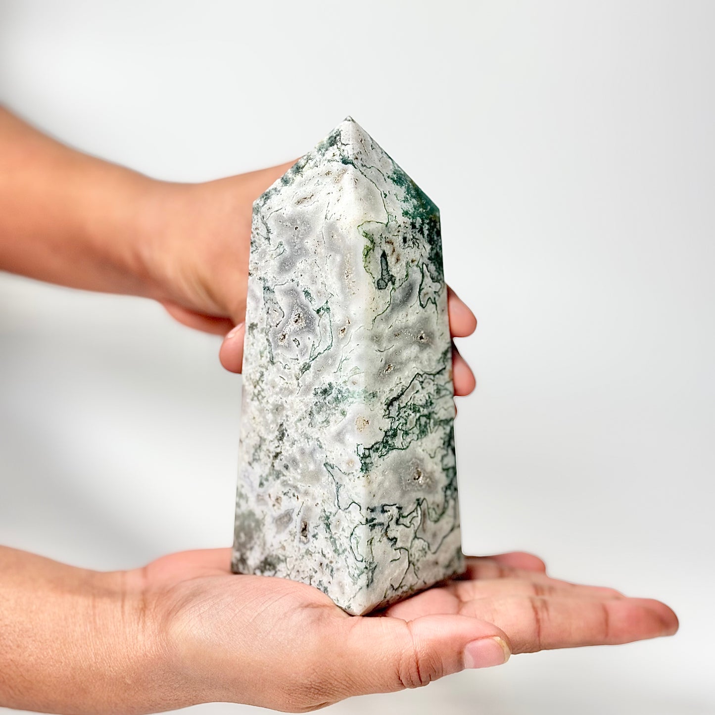 Four Facet Moss Agate Tower – 563g - Nature-Inspired Calm & Grounded Beauty
