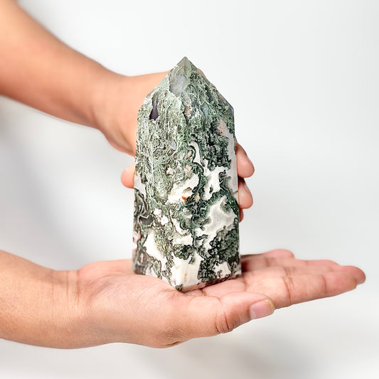 Four Facet Moss Agate Tower – 390g - Nature-Inspired Calm & Grounded Beauty