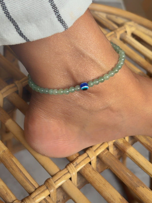 Green Aventurine with Evil Eye Bead Anklet - 4mm | Stone for financial abundance & Prosperity