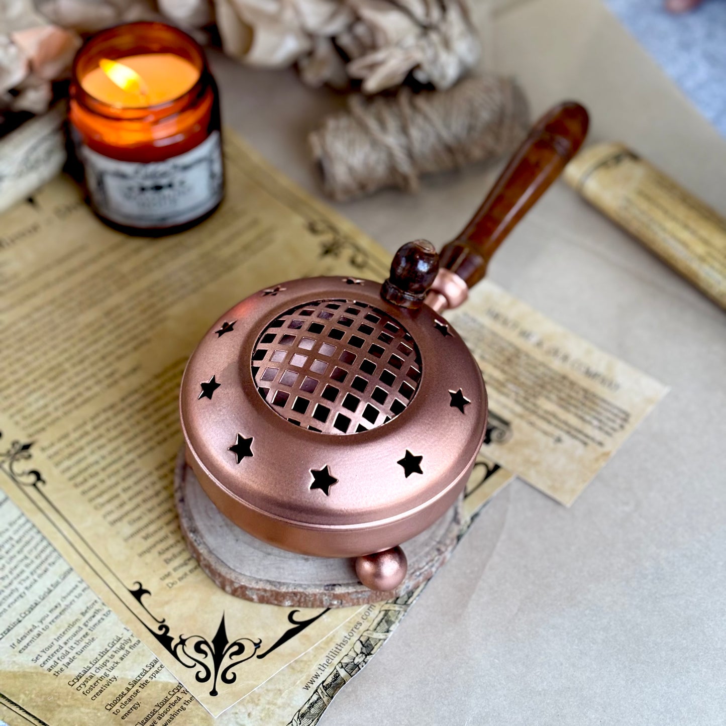 Star Crafted Iron Incense Burner with Rose Gold finish & Wooden Handle