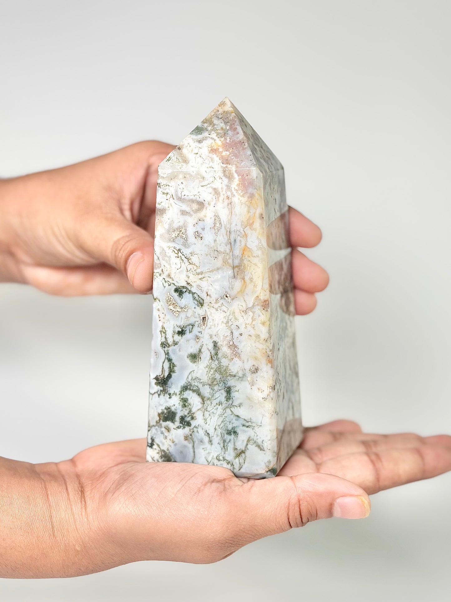 Four Facet Moss Agate Tower – 550g - Nature-Inspired Calm & Grounded Beauty