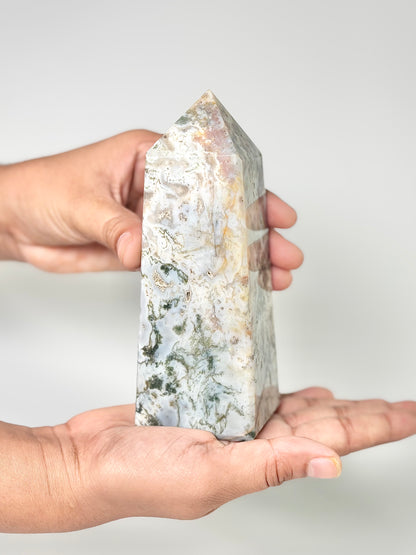 Four Facet Moss Agate Tower – 550g - Nature-Inspired Calm & Grounded Beauty