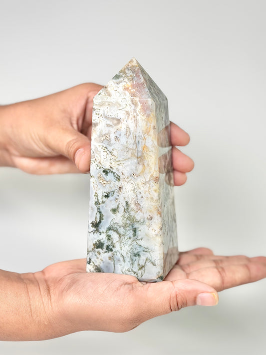 Four Facet Moss Agate Tower – 550g - Nature-Inspired Calm & Grounded Beauty