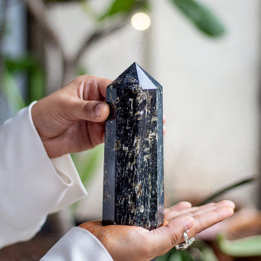 Black Tourmaline with Inclusion of Mica Six Facet Tower - 800 Gm | Grounding & Protection