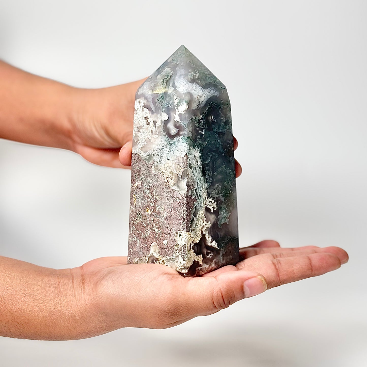 Four Facet Moss Agate Tower – 589g - Nature-Inspired Calm & Grounded Beauty
