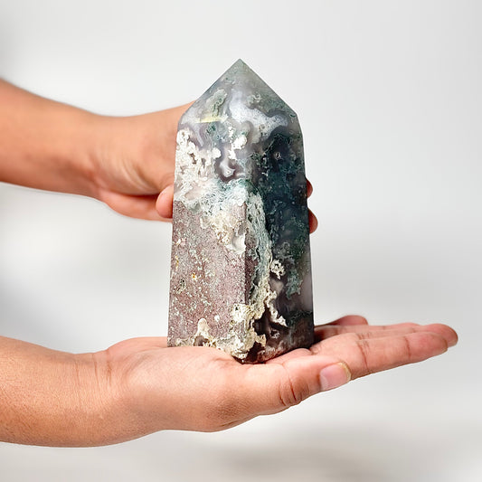 Four Facet Moss Agate Tower – 589g - Nature-Inspired Calm & Grounded Beauty