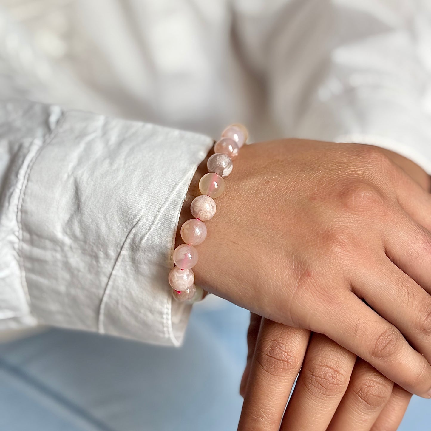 Pink Flower Agate Bead Bracelet-10mm | Helps overcoming Fear & Heals Heart Chakra