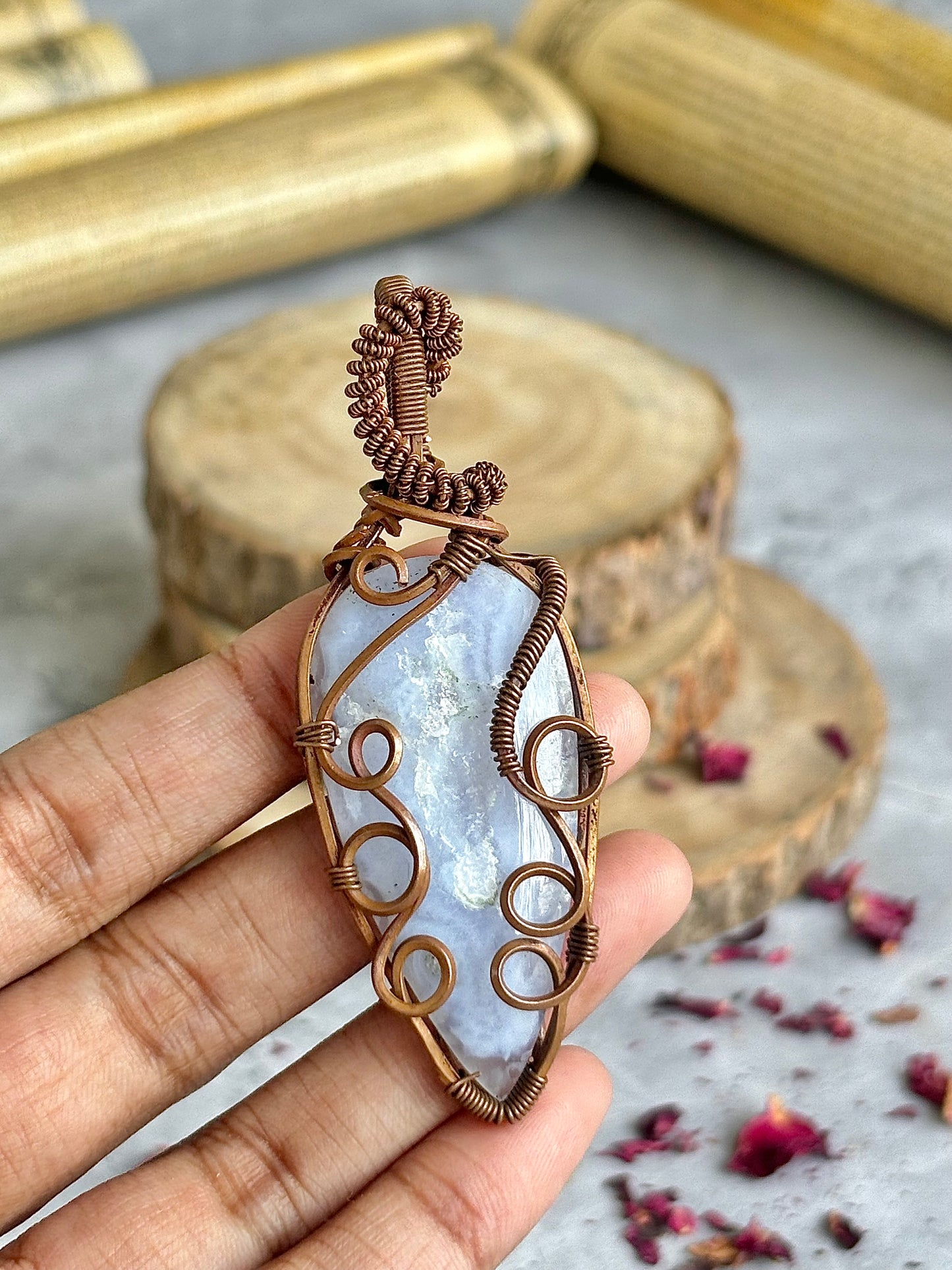 Blue Lace Agate copper wire wrapped Pendant | Neutralise Anger