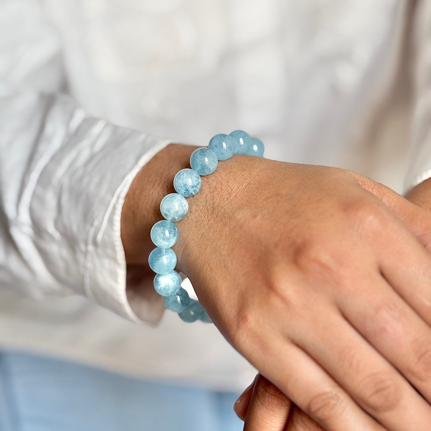 AAA Quality Aquamarine Bead Bracelet - 10mm | Helps in Overcoming fear of Speaking & Expressing