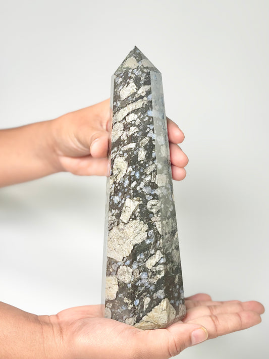 Eight Facet Snowflake Obsidian Tower – 886g Striking Contrast & Balanced Presence