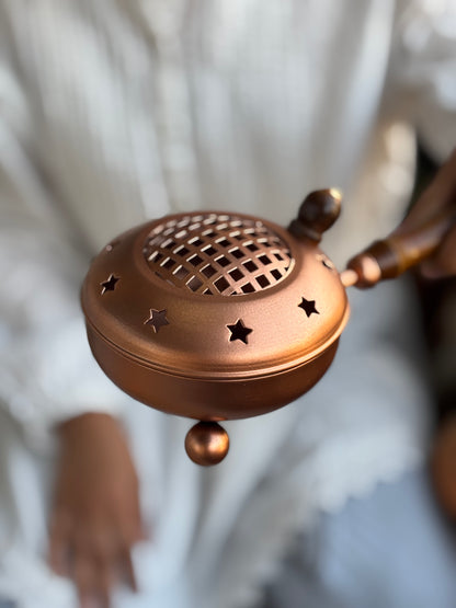 Star Crafted Iron Incense Burner with Rose Gold finish & Wooden Handle