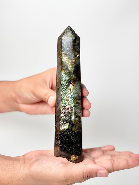 Eight Facet Labradorite Tower – 360g - Elegance, Depth & Reflective Beauty