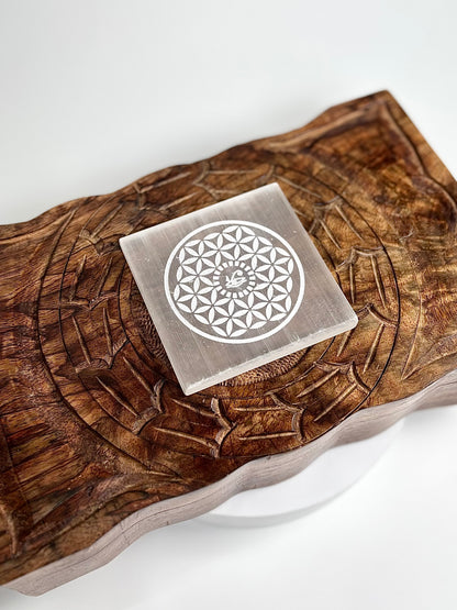 Flower of Life & Eye of Horus Selenite Square Plate