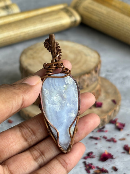 Blue Lace Agate copper wire wrapped Pendant | Neutralise Anger