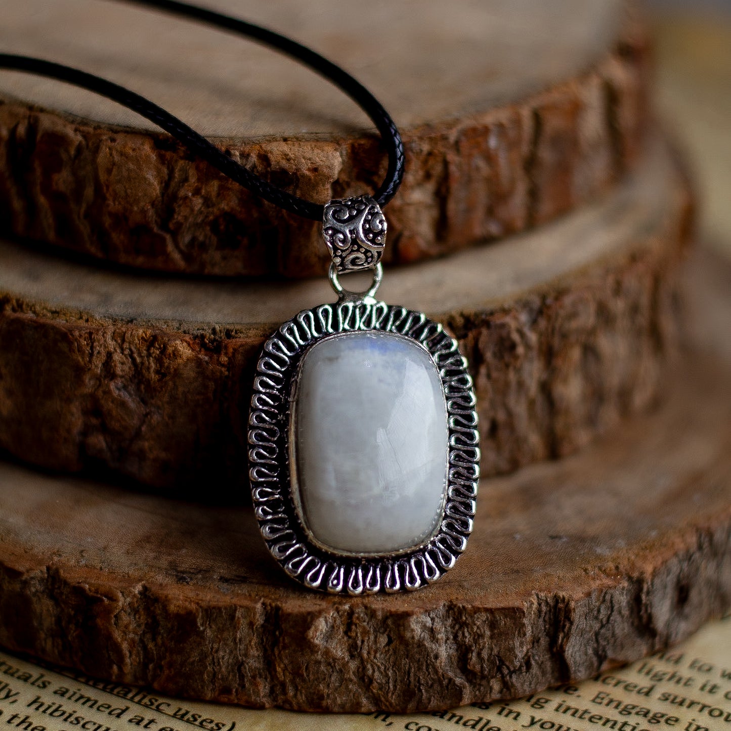 Rainbow moonstone Pendant with Black Cord | Cultivates Compassion & empathy