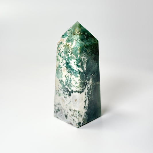 Four Facet Moss Agate Tower – 566g - Nature-Inspired Calm & Grounded Beauty