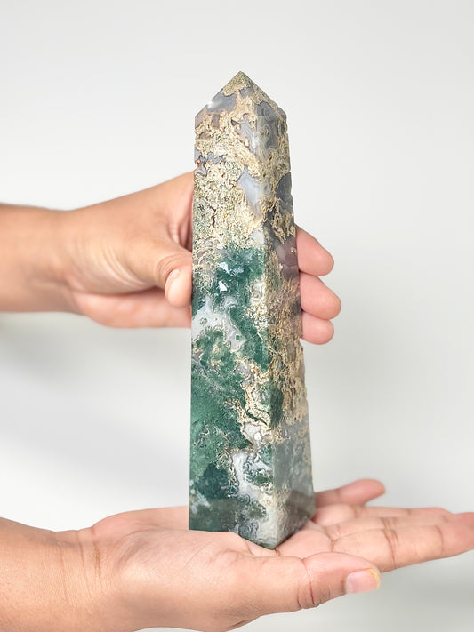 Four Facet Moss Agate Tower – 395g - Nature-Inspired Calm & Grounded Beauty
