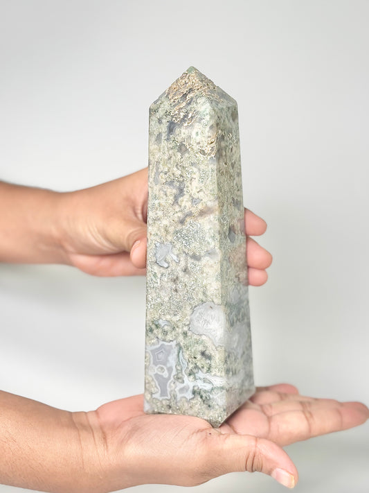 Four Facet Moss Agate Tower – 750g - Nature-Inspired Calm & Grounded Beauty