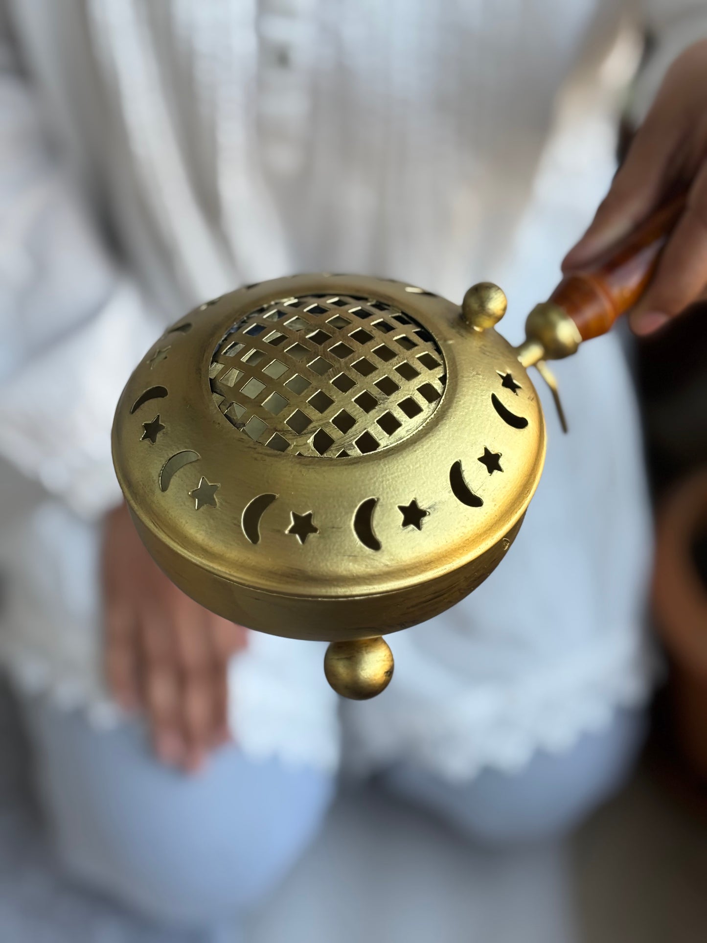 Crescent Moon & Stars Iron Incense Holder with Gold finish and wooden handle