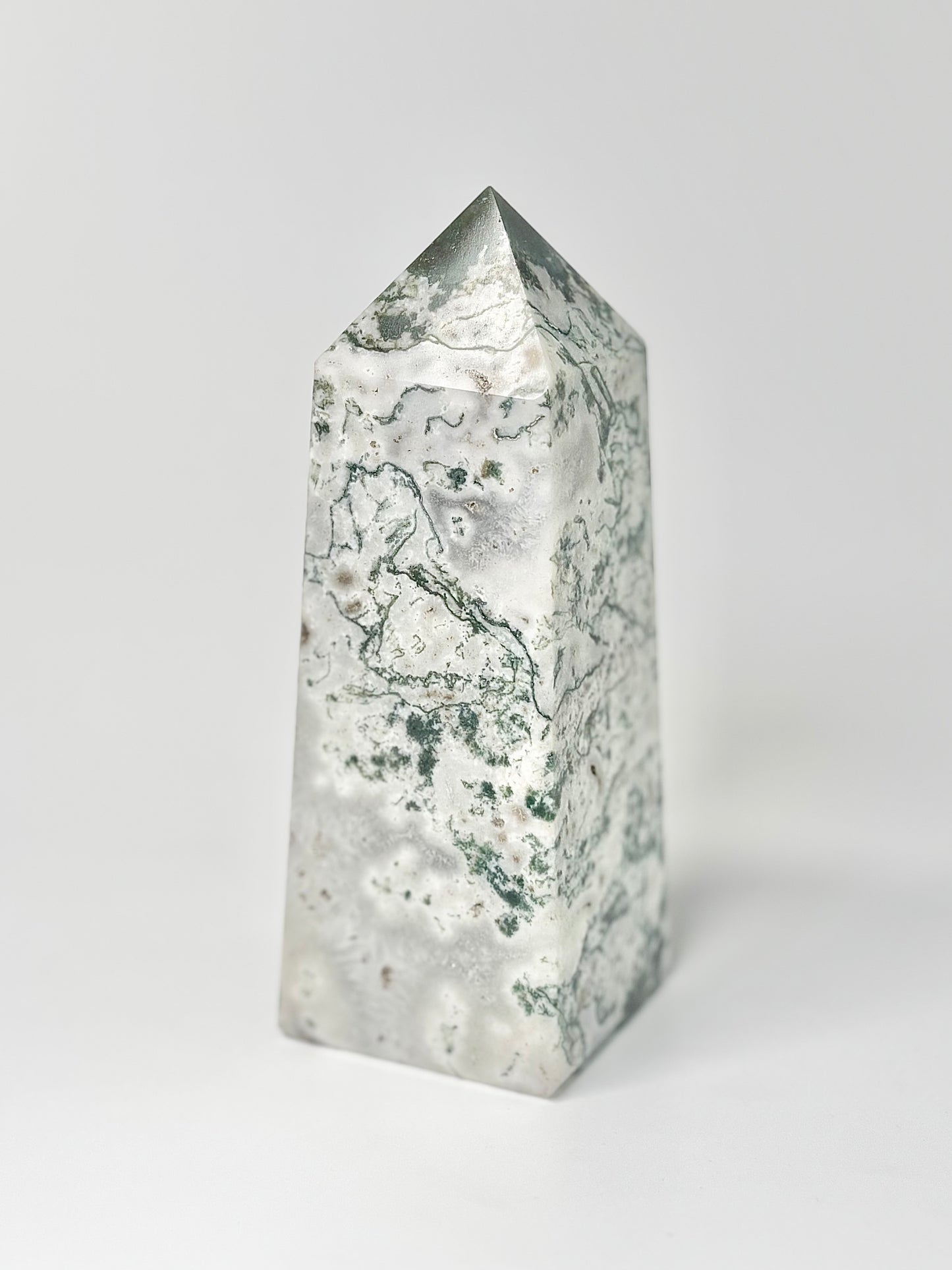 Four Facet Moss Agate Tower – 580g - Nature-Inspired Calm & Grounded Beauty