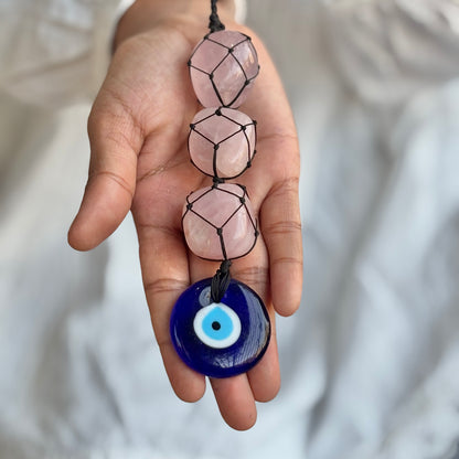 Rose Quartz with Evil Eye Door Hanging | Hanger | Dangler - Stone of Love & Self Love